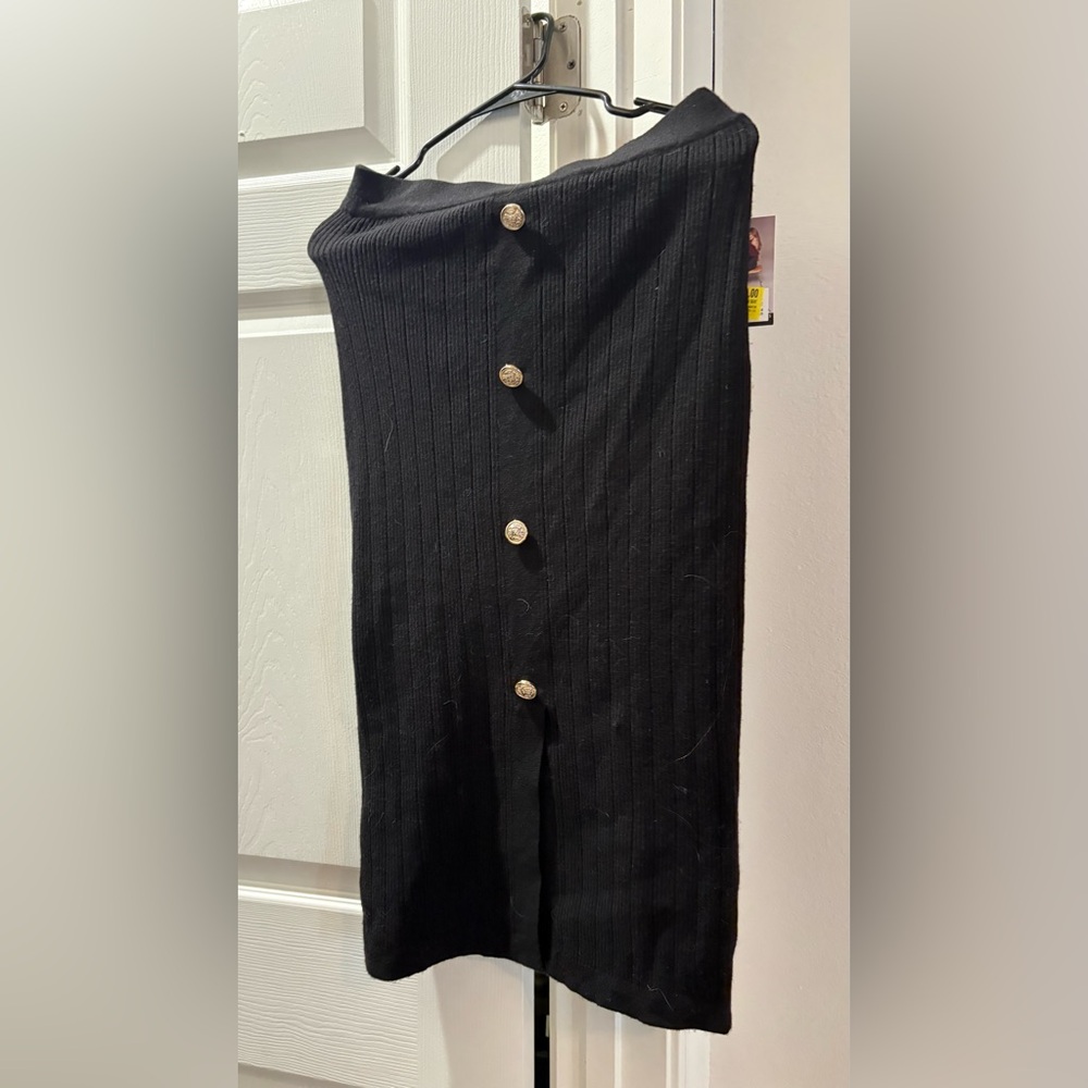 Black Ribbed Skirt with Gold Buttons